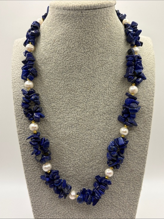 Jewelry - 18kt Gold Plated & Lapis Chip Pearl Necklace in Deep Blue with Gold Accents 18”
